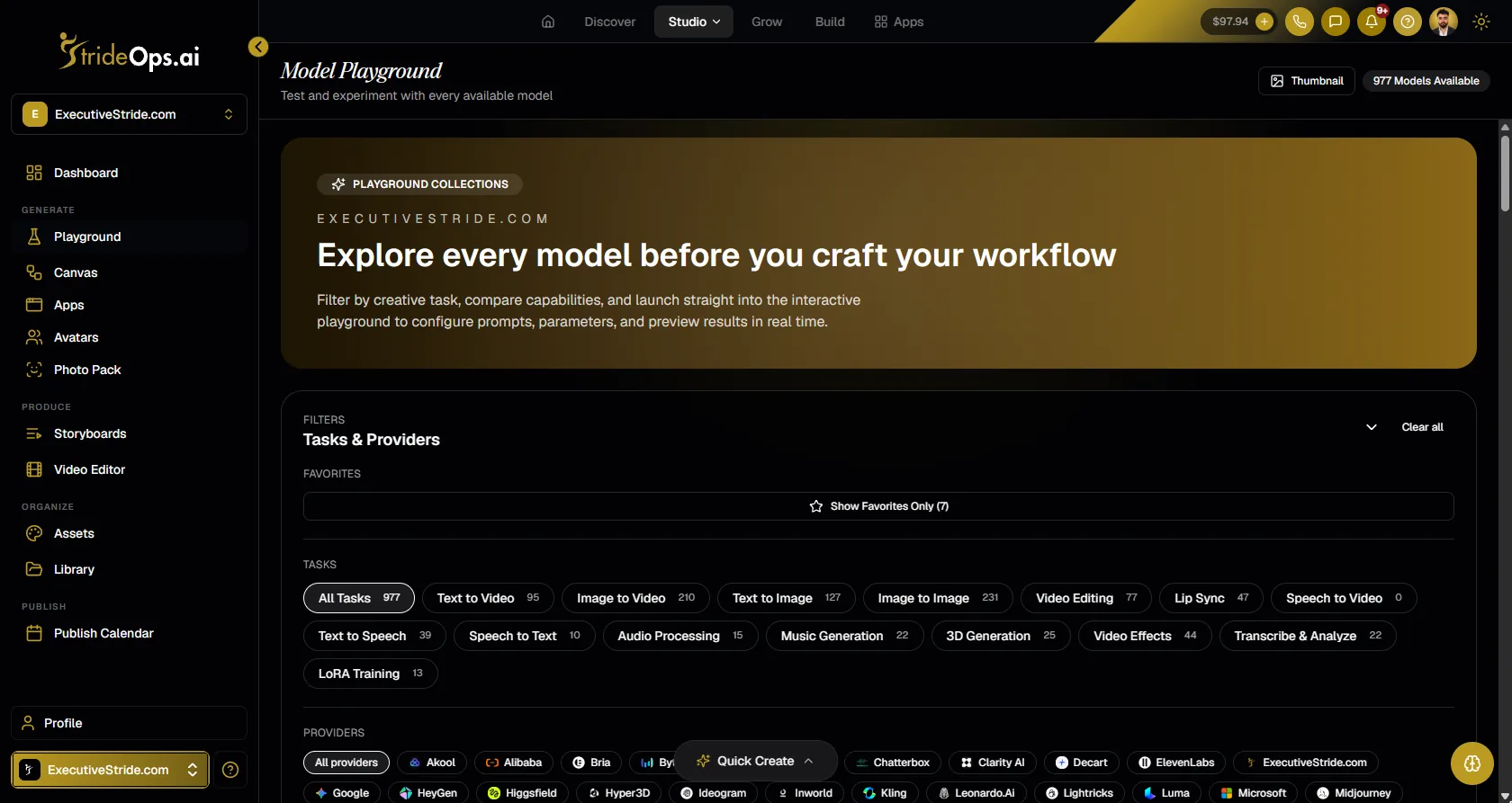The Studio model playground with filters for text to video, image to video, lip sync, text to speech and more