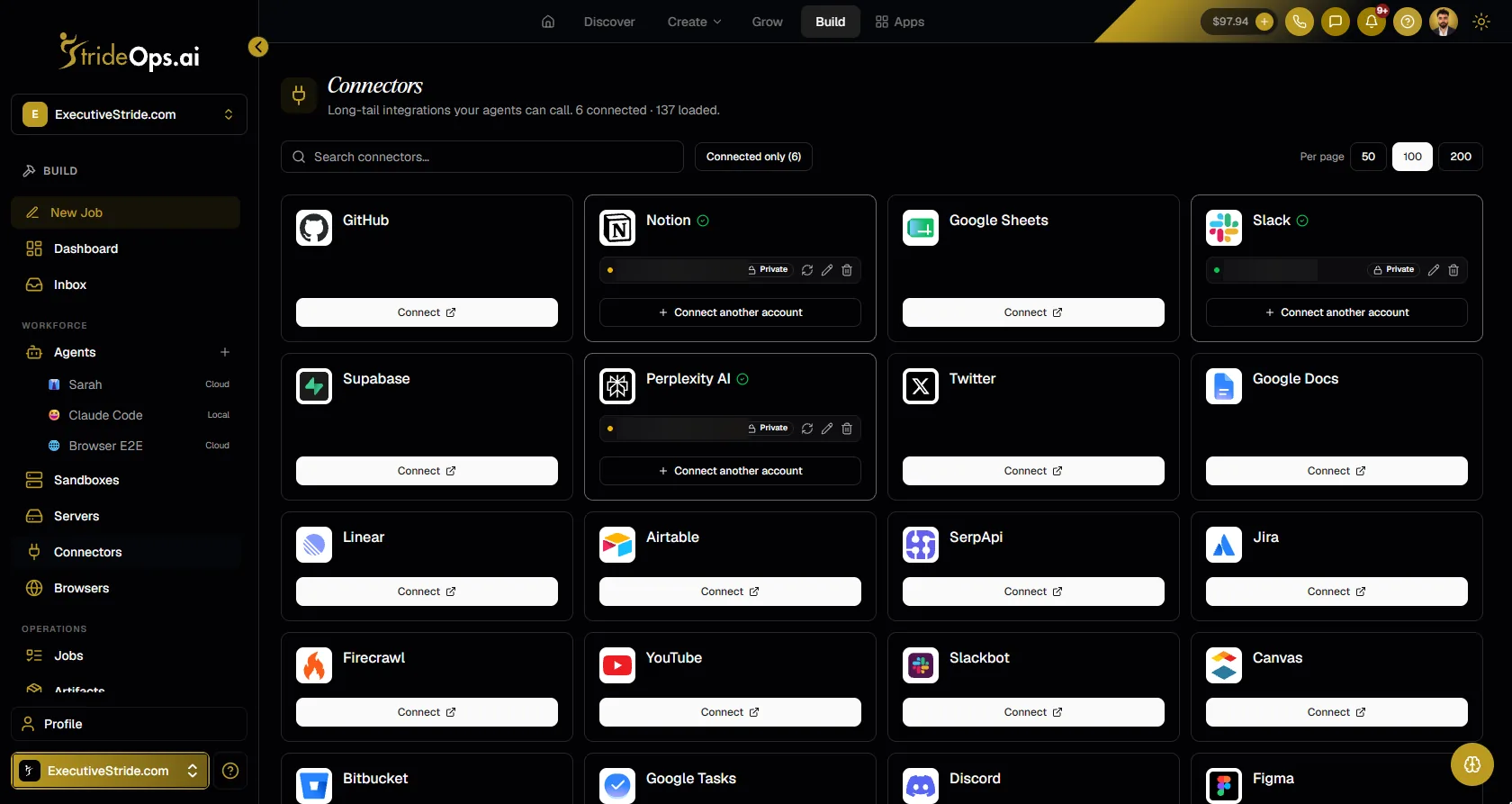 The Build connector catalog with GitHub, Notion, Google Sheets, Slack, Airtable, Linear and more