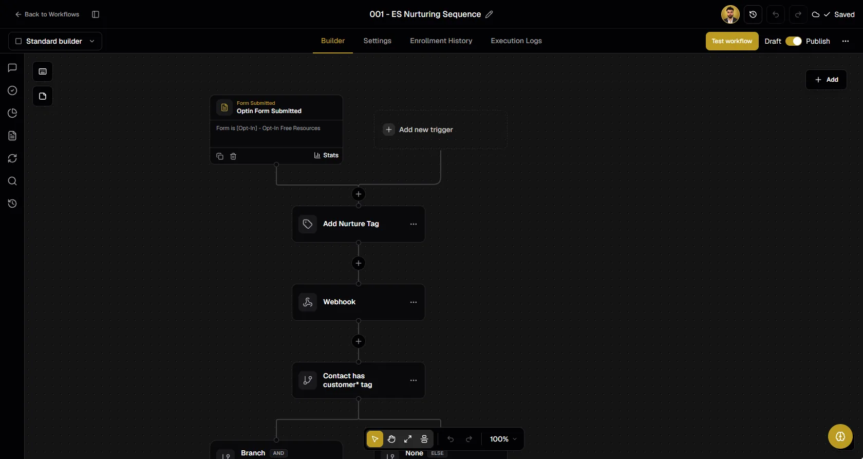 A StrideOps workflow on the canvas: form submitted trigger, tag, webhook and an if/else branch