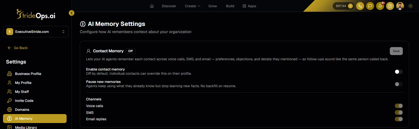 StrideOps AI memory settings with contact memory and per-channel switches for voice calls, SMS and email replies