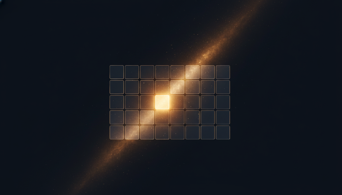 A translucent glass calendar grid with a single slot glowing gold