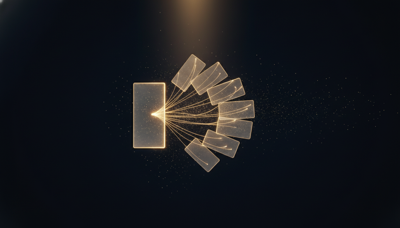 A flow of glowing gold nodes connecting a phone call to an email and a calendar booking