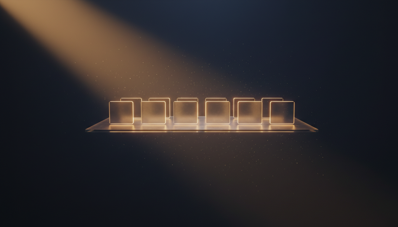 Six glass product tiles aligned on one glowing glass operating layer