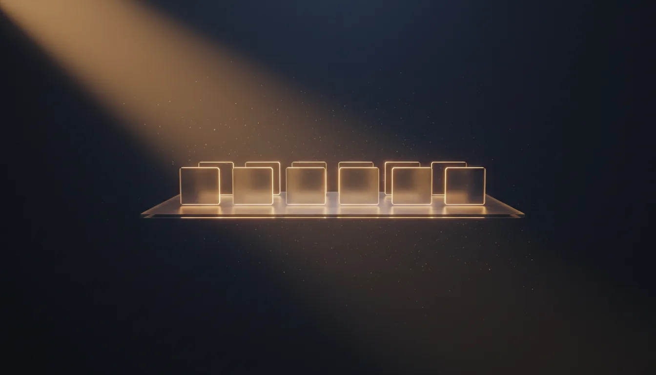 Six glass product tiles aligned on one glowing glass operating layer