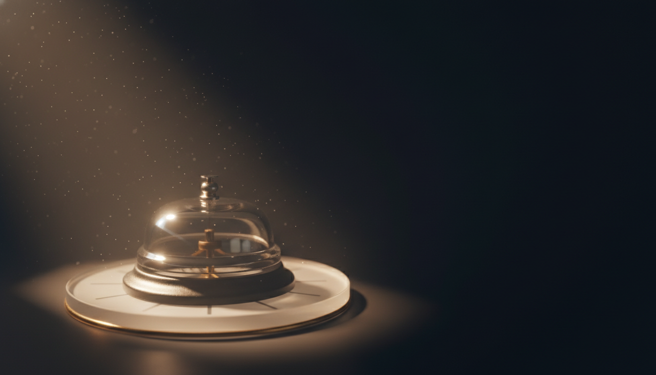 A service bell rendered in gold light beside a 24-hour clock face