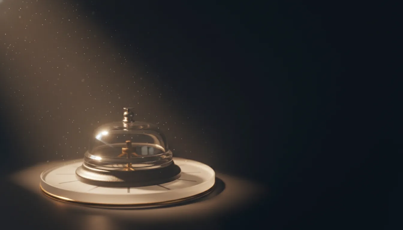 A service bell rendered in gold light beside a 24-hour clock face
