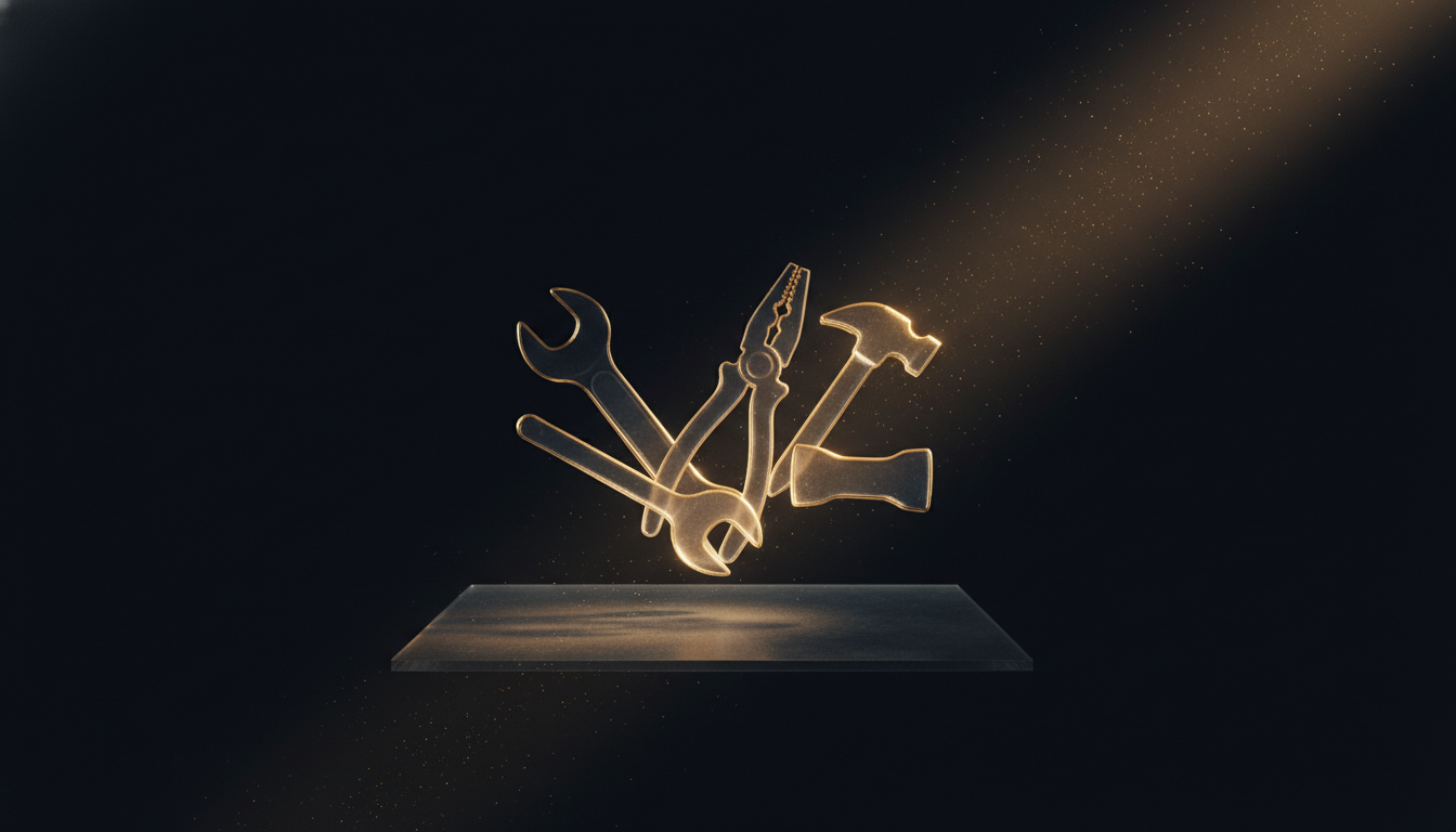 Translucent glass tool shapes floating above a glass slab, lit by gold light