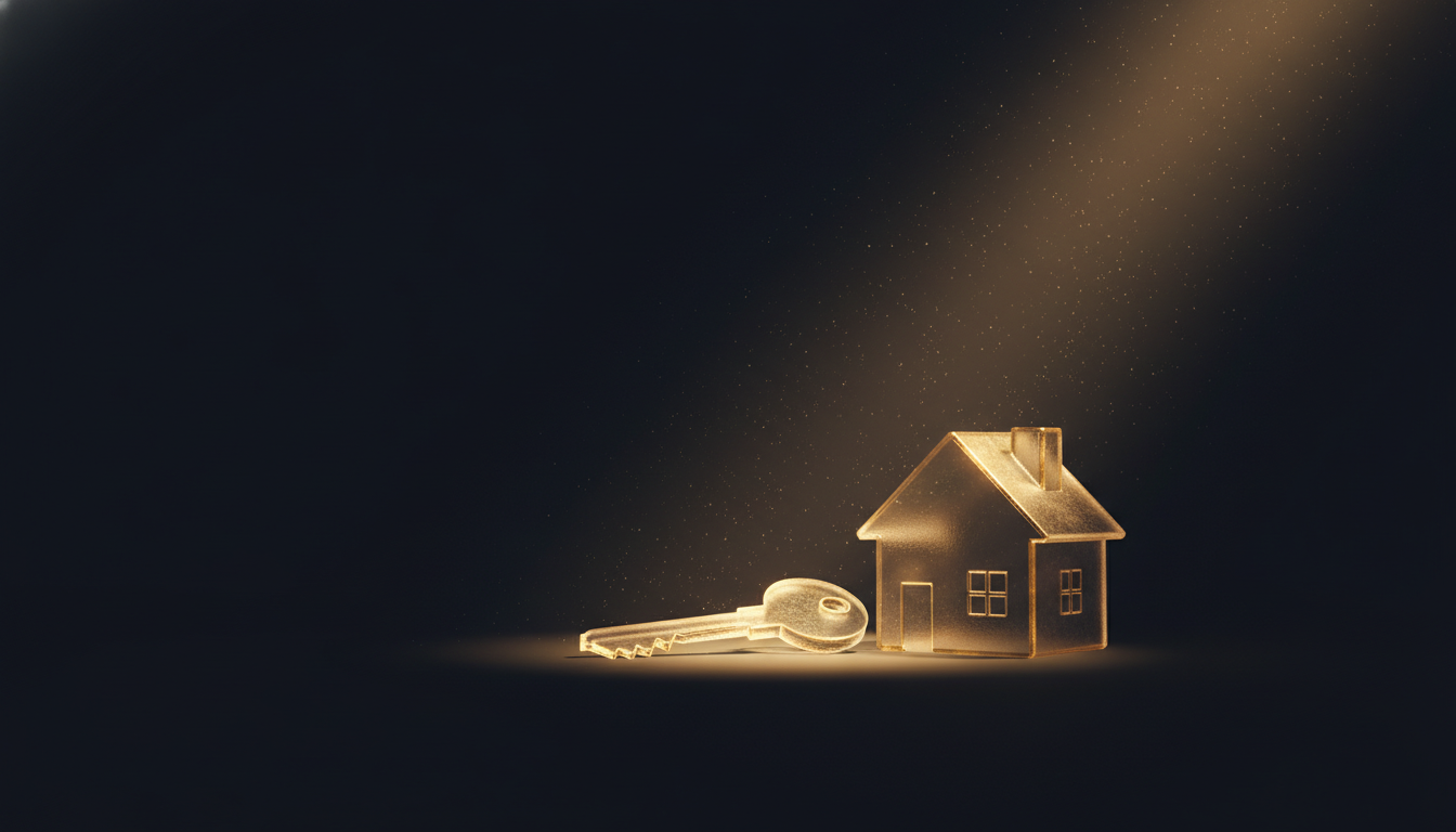 A glass key resting beside a small glass house in a dark scene lit by gold light