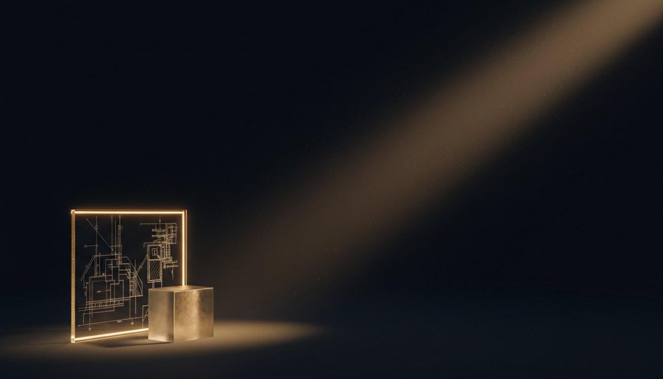 A glass blueprint panel beside a finished solid glass block, lit by gold light