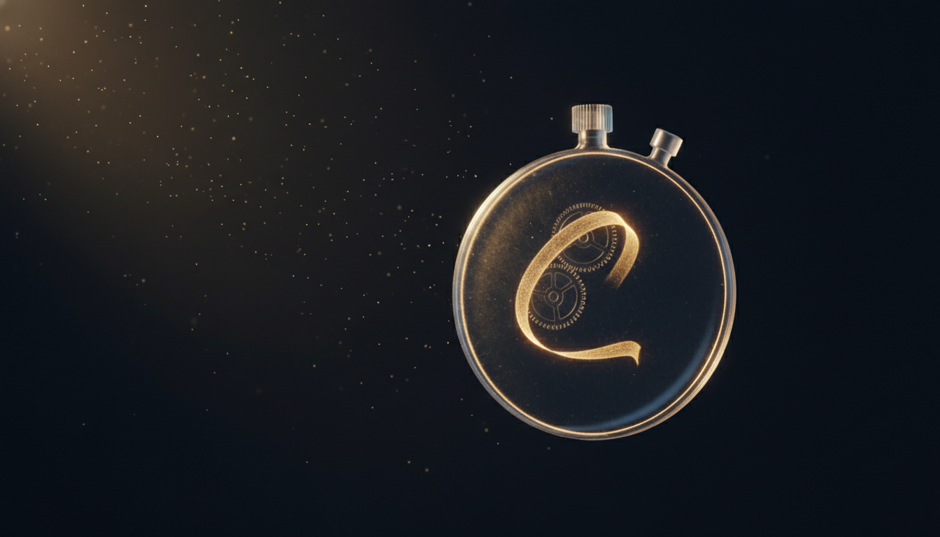 A clear glass stopwatch with a fast gold light streak in a dark scene