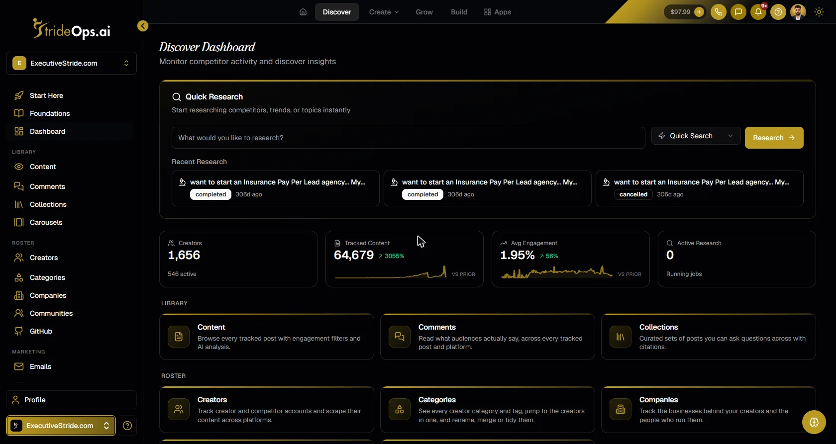 The StrideOps Discover dashboard with quick research, tracked creators and content counts, and library sections