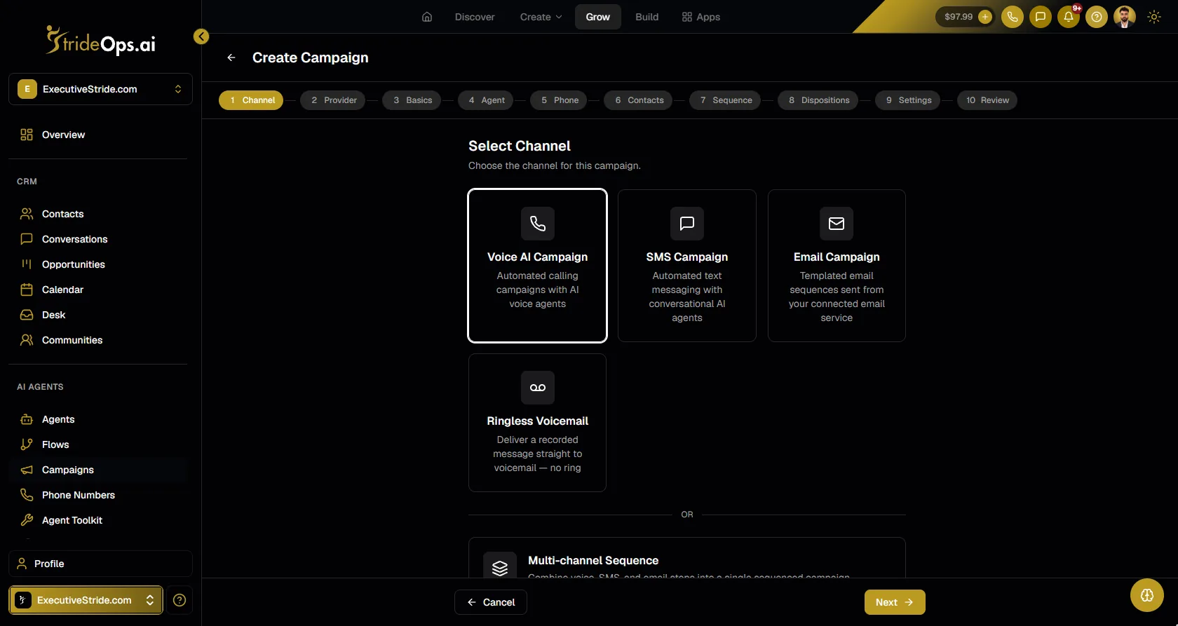 The StrideOps Create Campaign screen with steps for Channel, Provider, Basics, Agent, Phone, Contacts, Sequence, Dispositions, Settings and Review