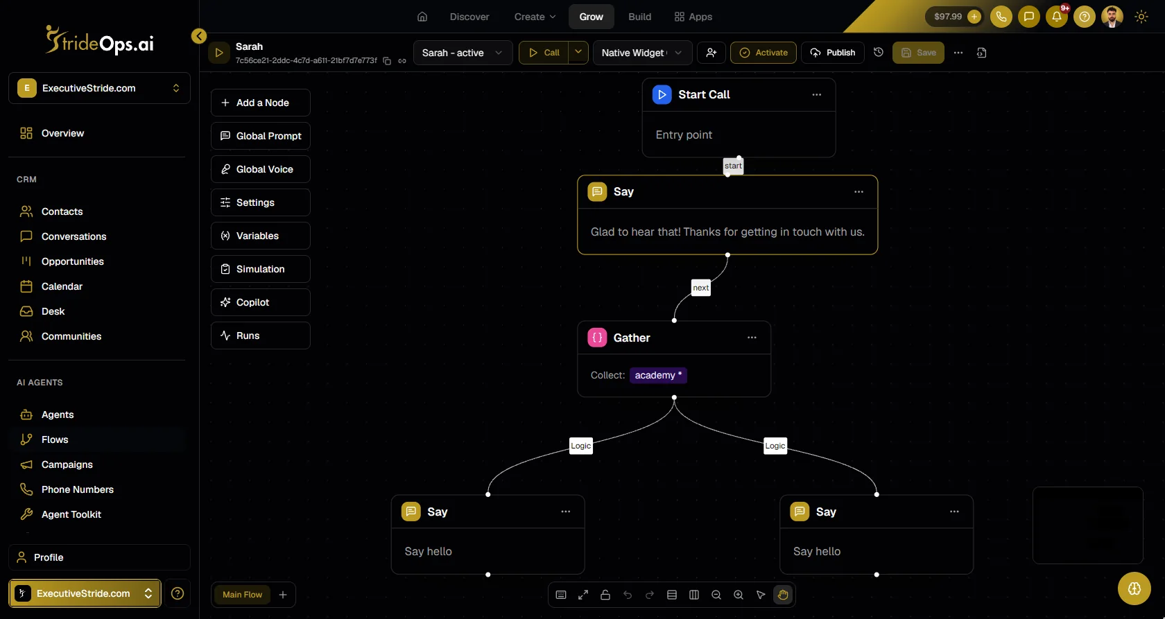 A receptionist call mapped as steps in the StrideOps Flows builder: Start Call, Say, Gather and logic branches