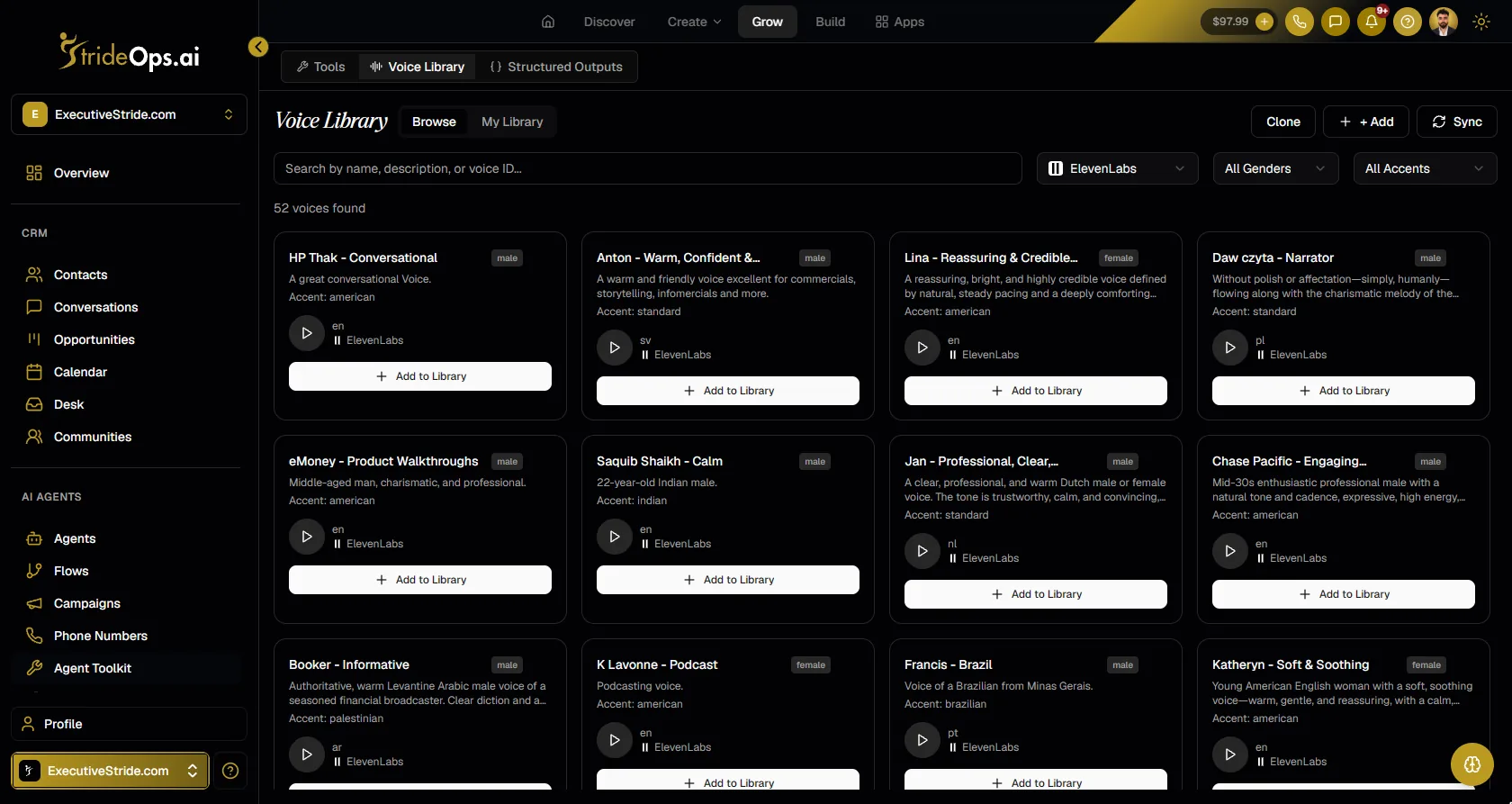 The StrideOps Voice Library with ElevenLabs voices filterable by gender and accent, each with a play button and Add to Library