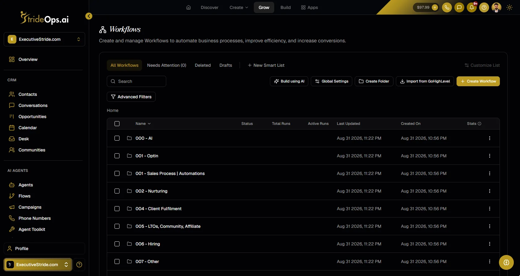 The StrideOps Workflows page with an Import from GoHighLevel button next to Create Workflow