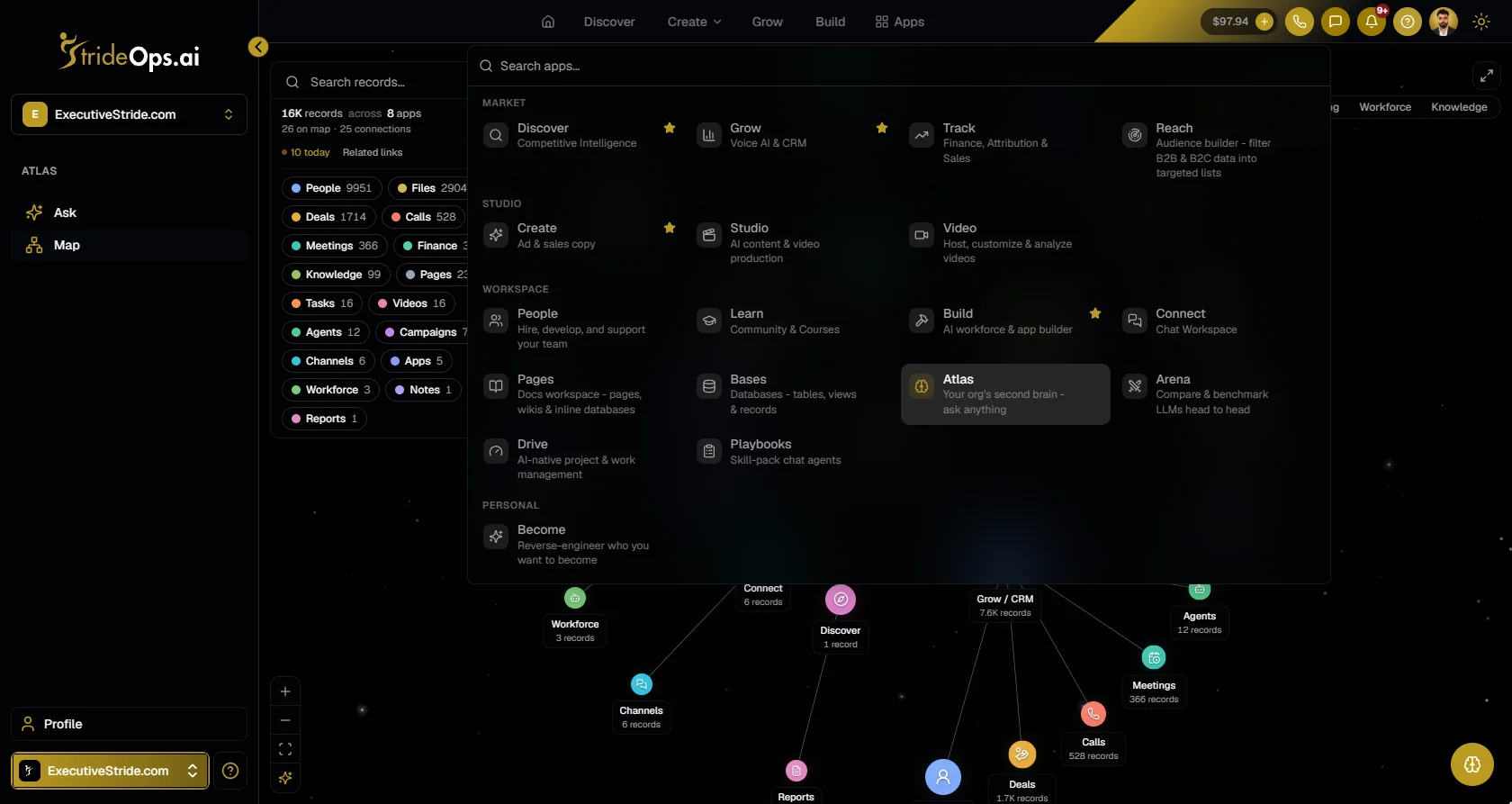 The StrideOps app switcher listing Discover, Grow, Track, Reach, Create, Studio, Video, Learn, Build, Pages, Bases, Drive and more