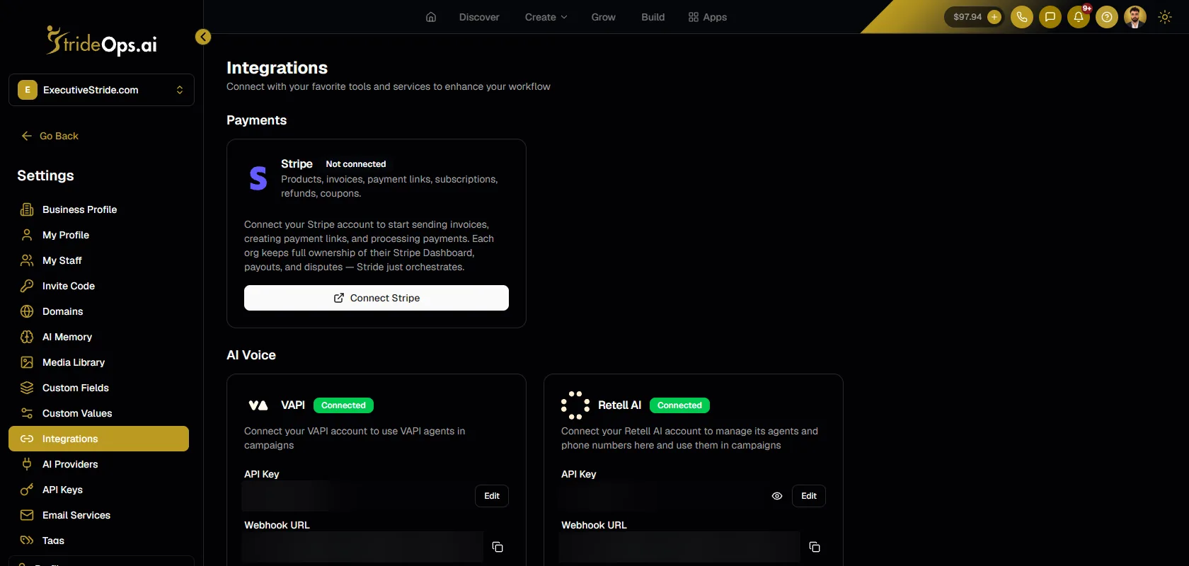 StrideOps Settings, Integrations page with Vapi and Retell AI cards both marked Connected